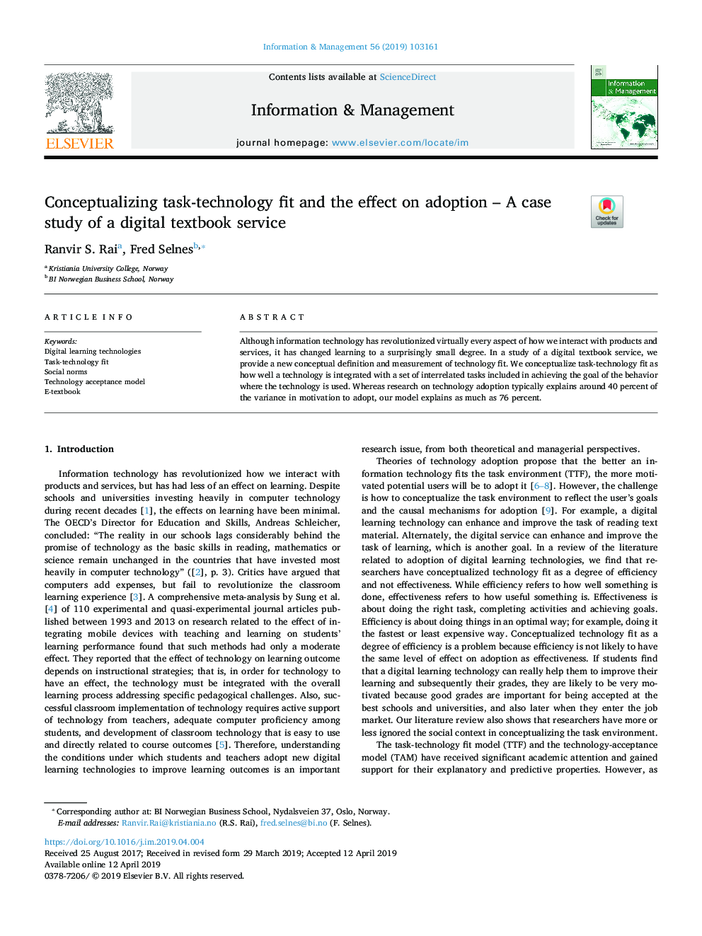 Conceptualizing task-technology fit and the effect on adoption - A case study of a digital textbook service
