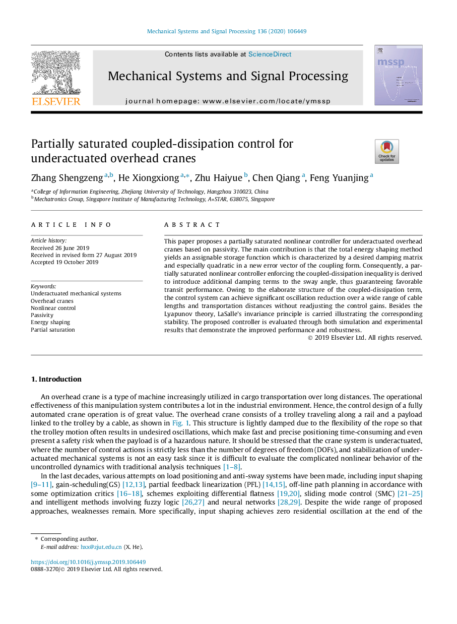 Partially saturated coupled-dissipation control for underactuated overhead cranes