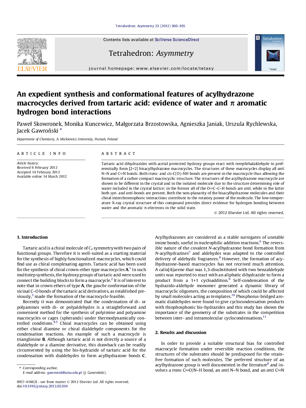 An expedient synthesis and conformational features of acylhydrazone macrocycles derived from tartaric acid: evidence of water and π aromatic hydrogen bond interactions