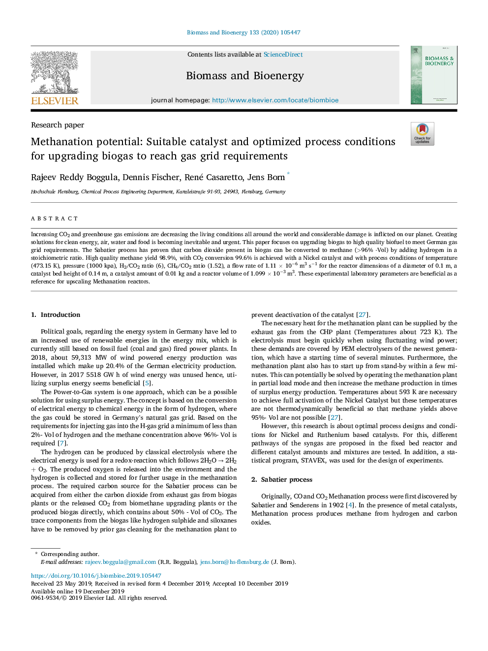 Methanation potential: Suitable catalyst and optimized process conditions for upgrading biogas to reach gas grid requirements