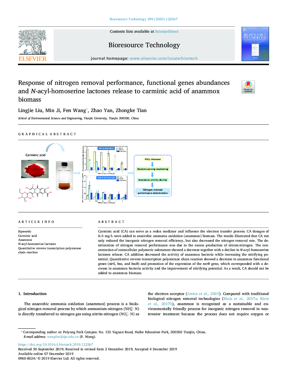 Response of nitrogen removal performance, functional genes abundances and N-acyl-homoserine lactones release to carminic acid of anammox biomass