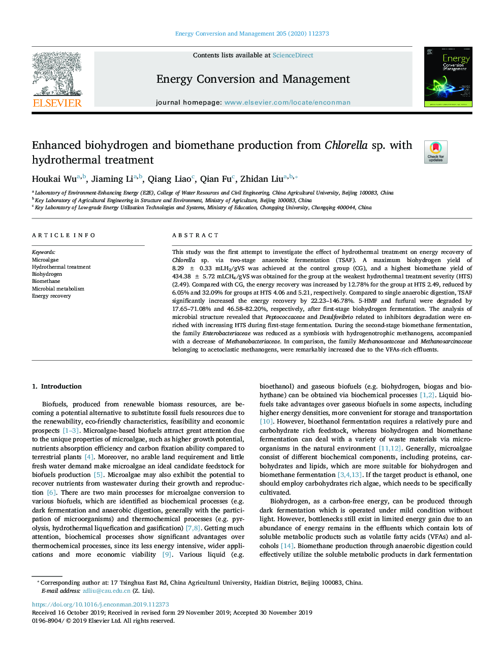Enhanced biohydrogen and biomethane production from Chlorella sp. with hydrothermal treatment