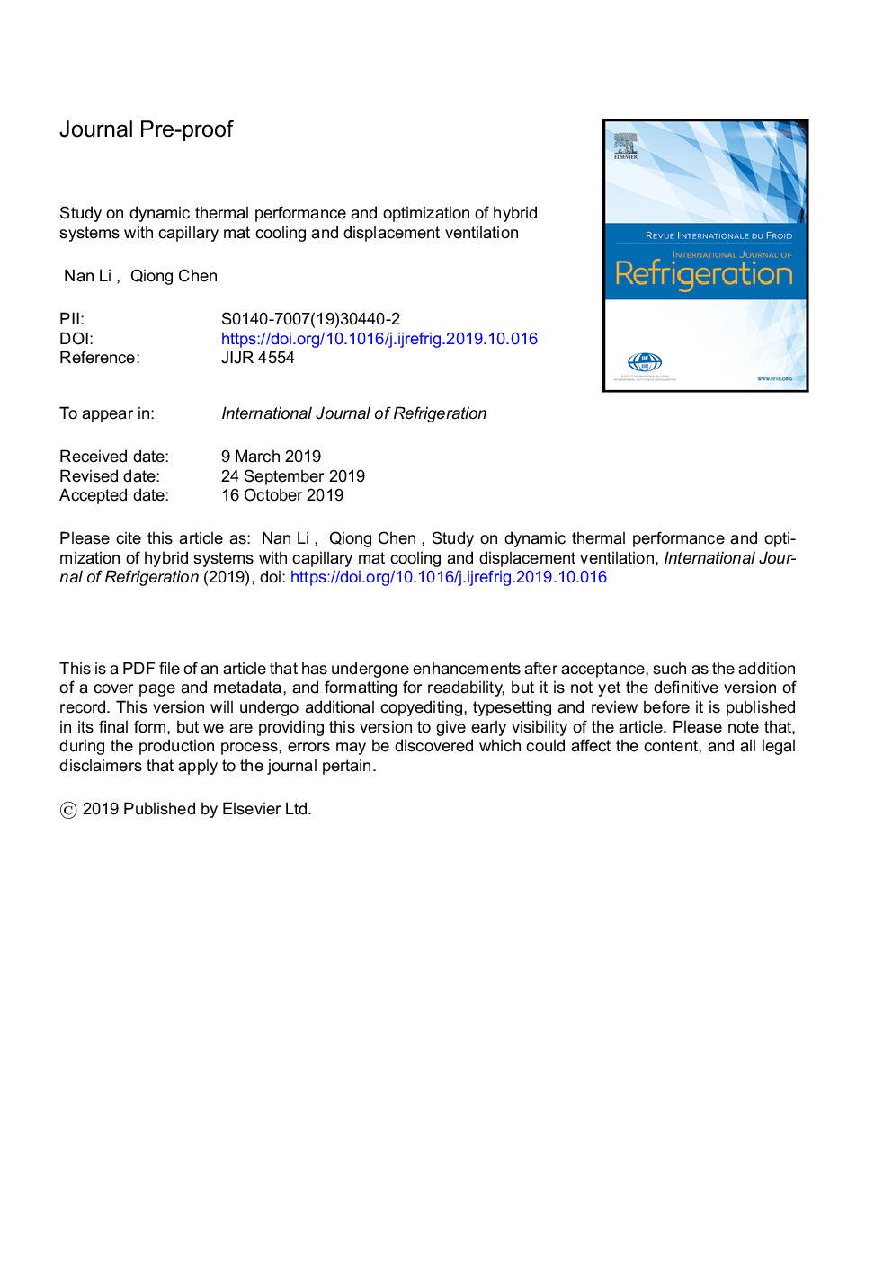 Study on dynamic thermal performance and optimization of hybrid systems with capillary mat cooling and displacement ventilation