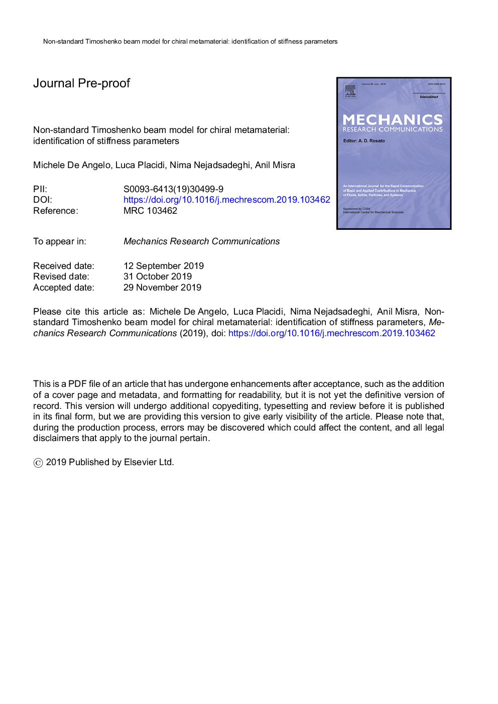 Non-standard Timoshenko beam model for chiral metamaterial: Identification of stiffness parameters