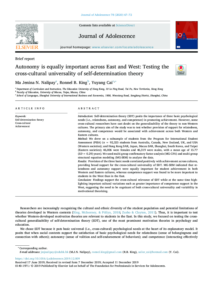 Autonomy is equally important across East and West: Testing the cross-cultural universality of self-determination theory