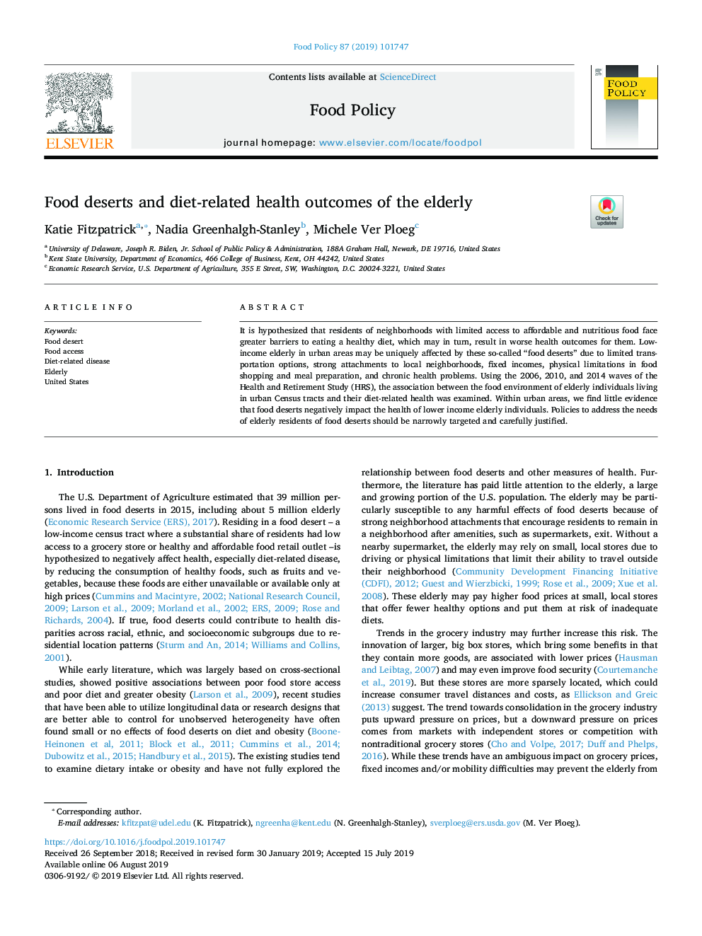 Food deserts and diet-related health outcomes of the elderly