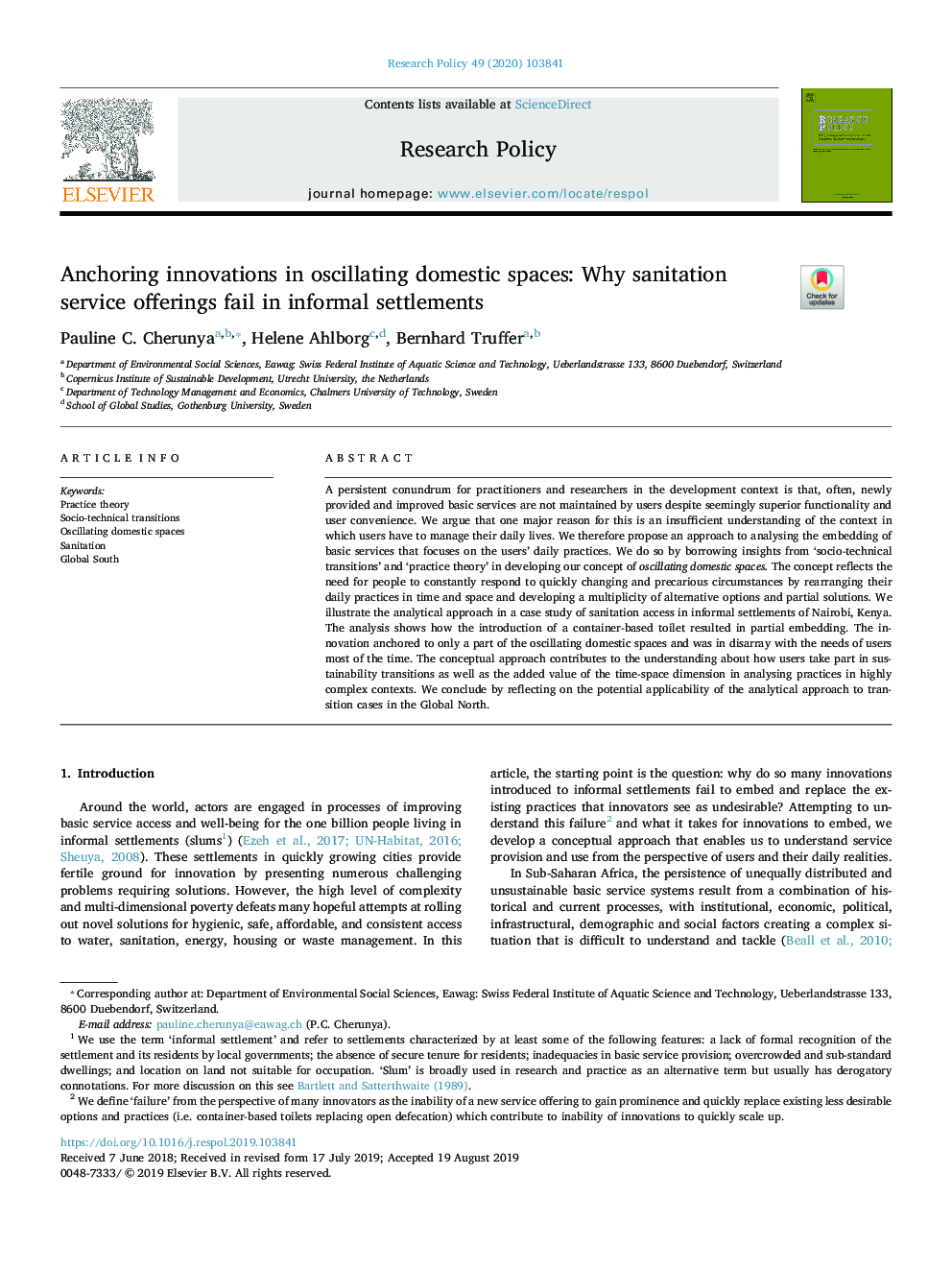 Anchoring innovations in oscillating domestic spaces: Why sanitation service offerings fail in informal settlements