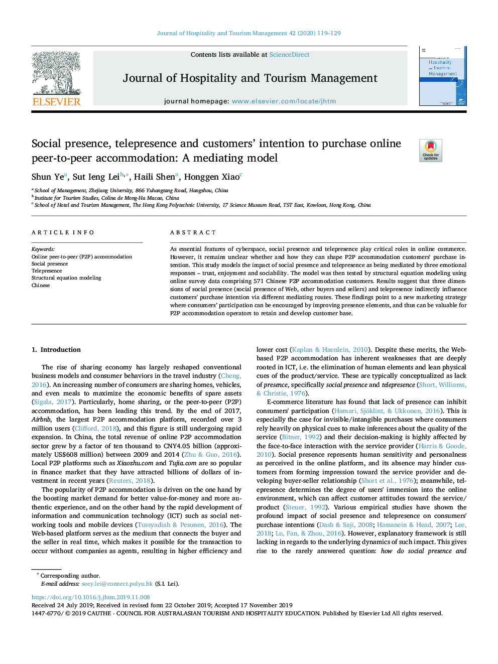 Social presence, telepresence and customers' intention to purchase online peer-to-peer accommodation: A mediating model