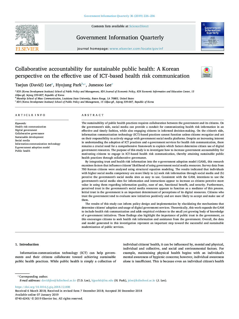 Collaborative accountability for sustainable public health: A Korean perspective on the effective use of ICT-based health risk communication