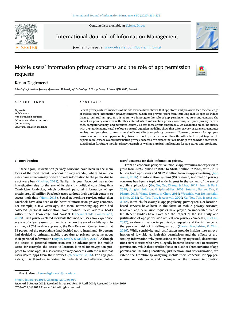 Mobile users' information privacy concerns and the role of app permission requests