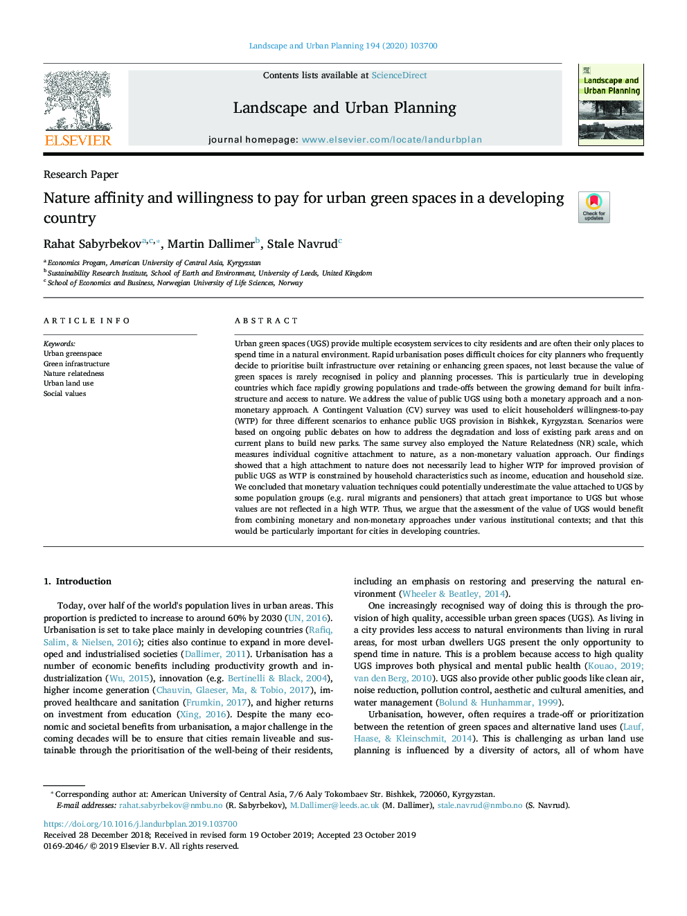 Nature affinity and willingness to pay for urban green spaces in a developing country