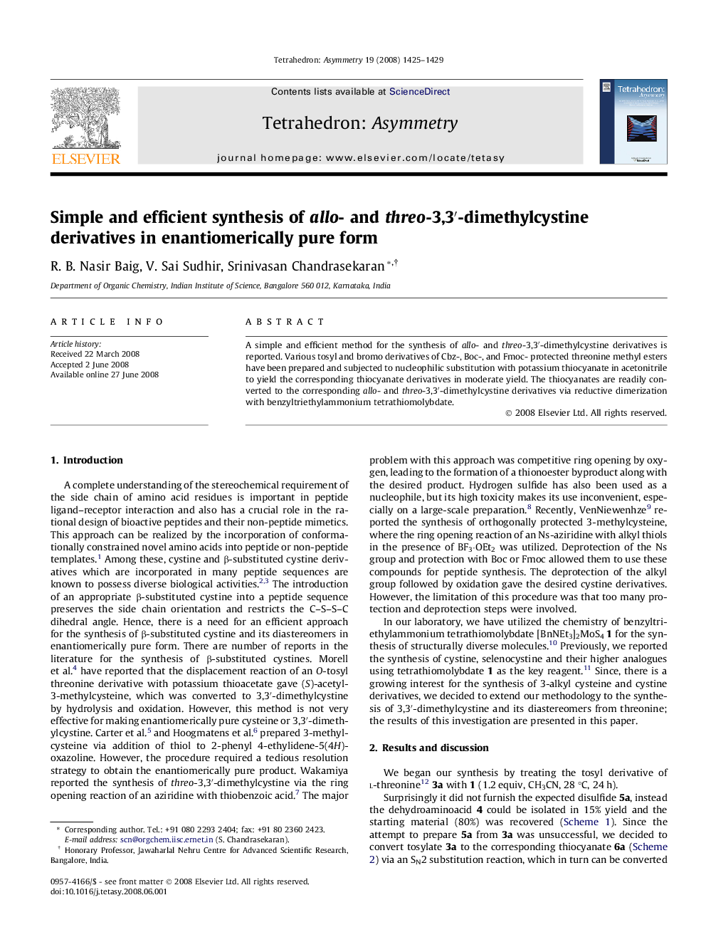 Simple and efficient synthesis of allo- and threo-3,3′-dimethylcystine derivatives in enantiomerically pure form