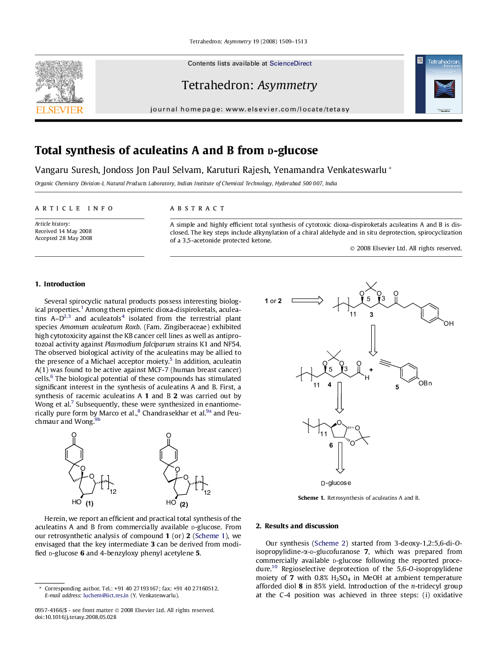 Total synthesis of aculeatins A and B from d-glucose