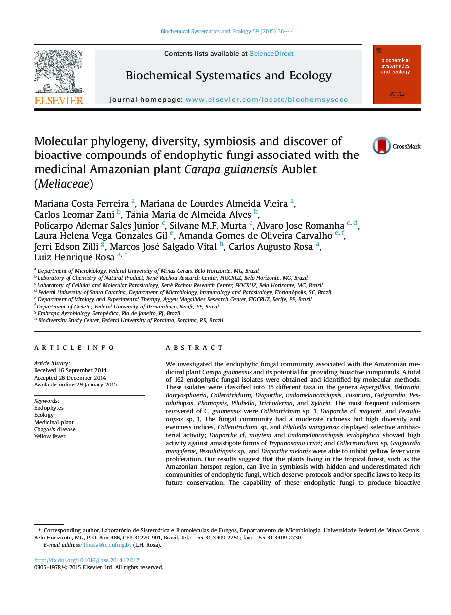 Molecular phylogeny, diversity, symbiosis and discover of bioactive compounds of endophytic fungi associated with the medicinal Amazonian plant Carapa guianensis Aublet (Meliaceae)