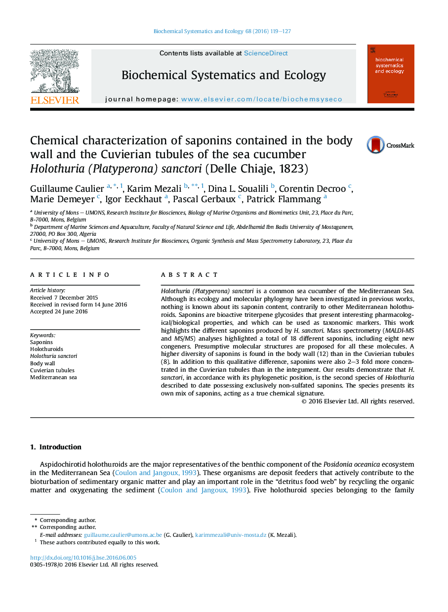 Chemical characterization of saponins contained in the body wall and the Cuvierian tubules of the sea cucumber Holothuria (Platyperona) sanctori (Delle Chiaje, 1823)