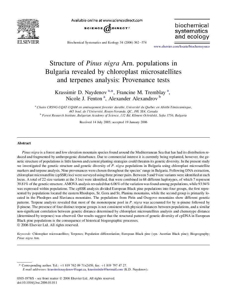 Structure of Pinus nigra Arn. populations in Bulgaria revealed by chloroplast microsatellites and terpenes analysis: Provenance tests