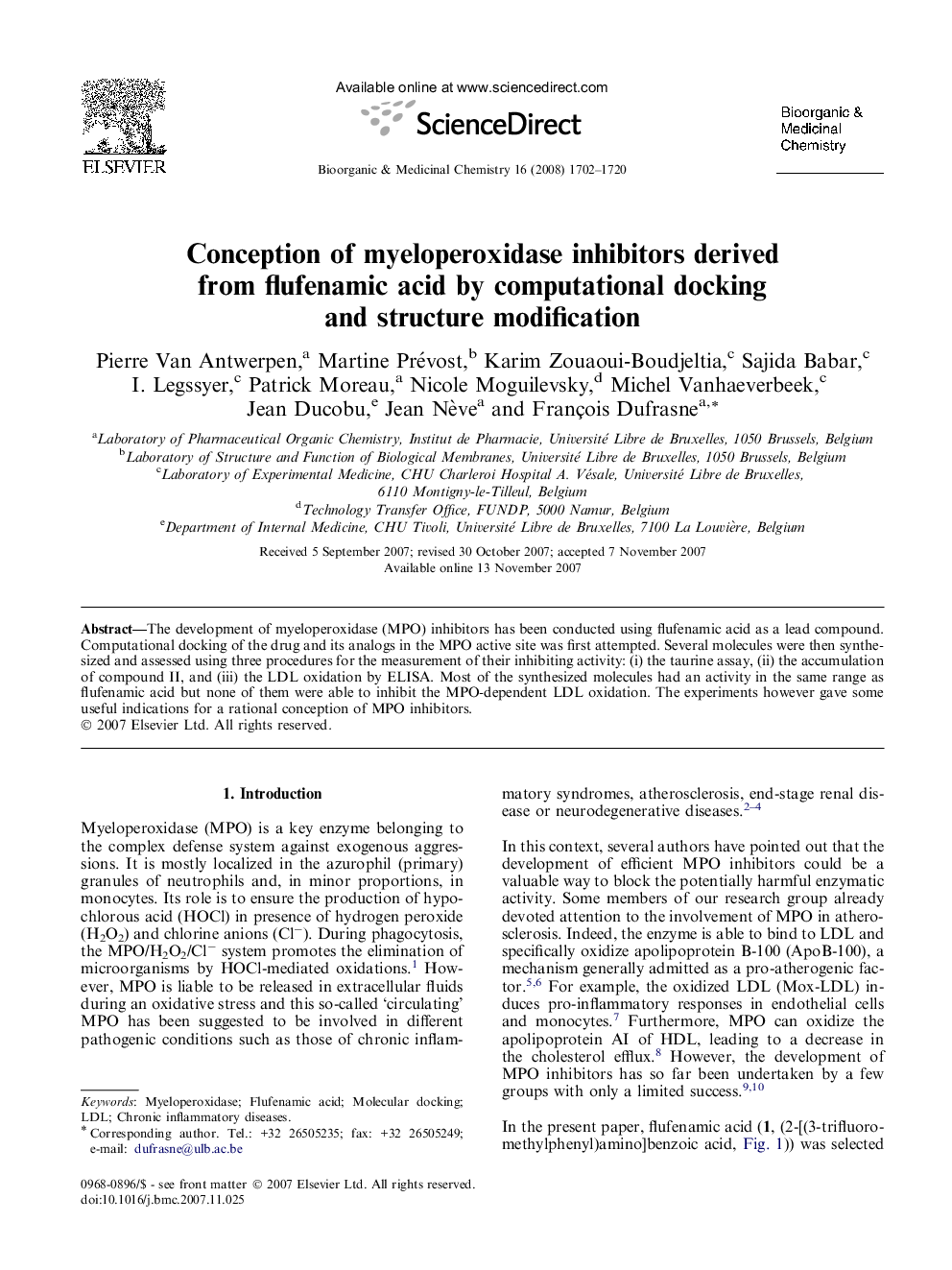 Conception of myeloperoxidase inhibitors derived from flufenamic acid by computational docking and structure modification