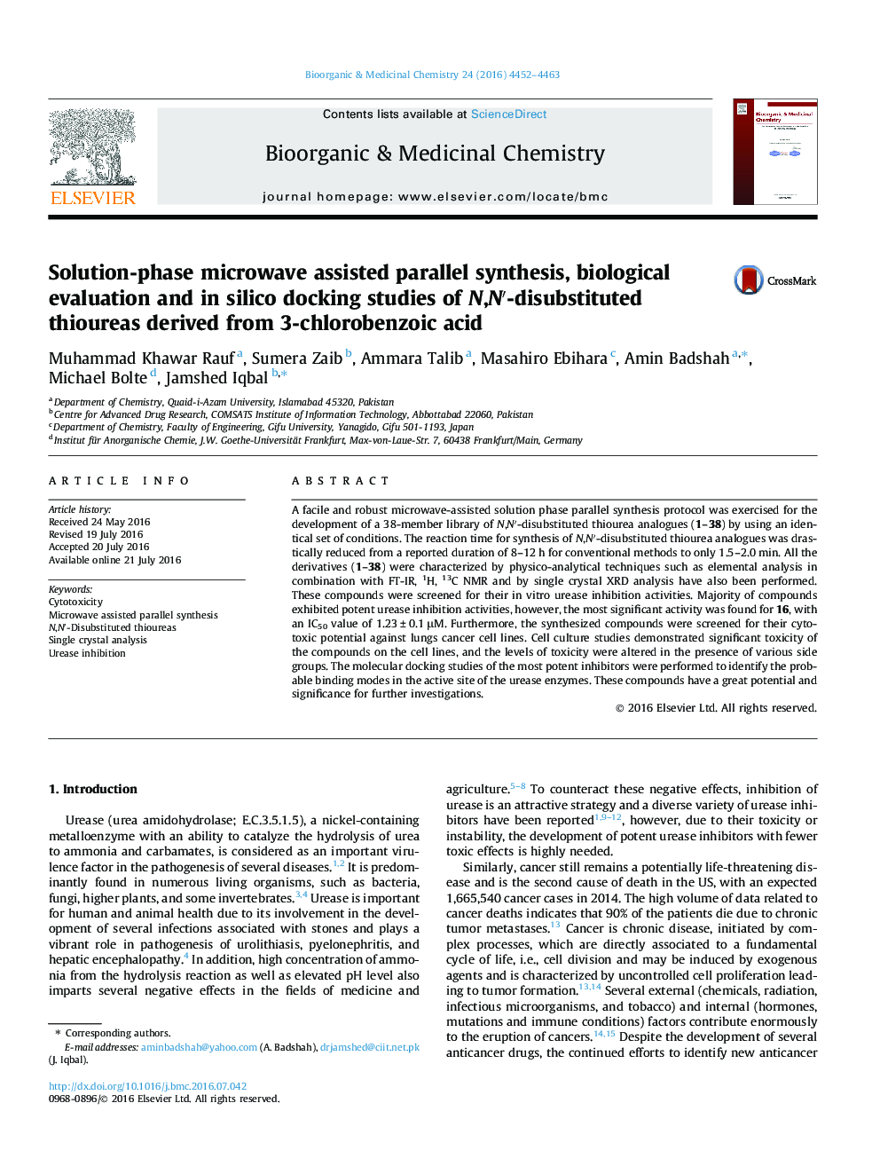 Solution-phase microwave assisted parallel synthesis, biological evaluation and in silico docking studies of N,N′-disubstituted thioureas derived from 3-chlorobenzoic acid