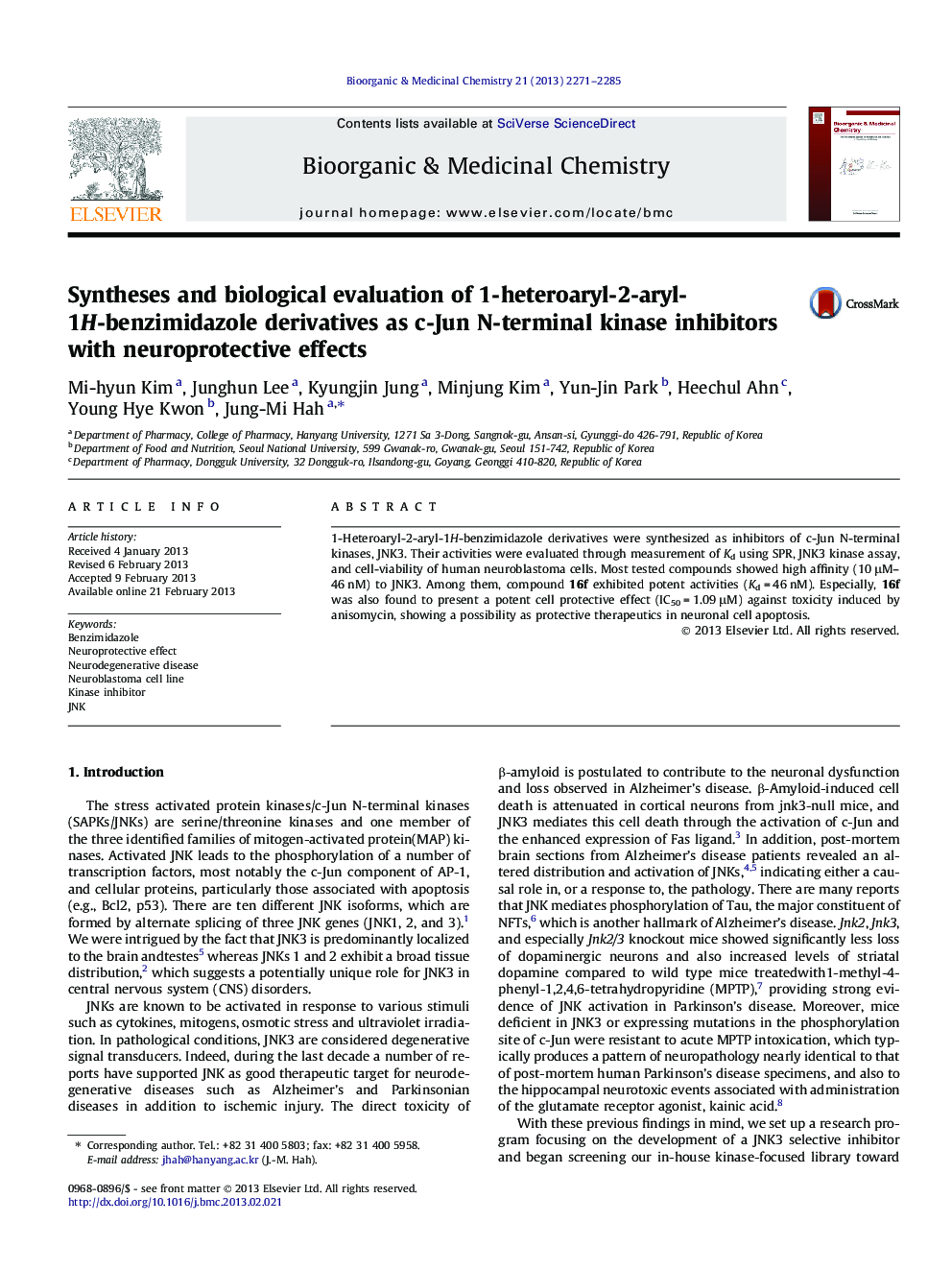 Syntheses and biological evaluation of 1-heteroaryl-2-aryl-1H-benzimidazole derivatives as c-Jun N-terminal kinase inhibitors with neuroprotective effects