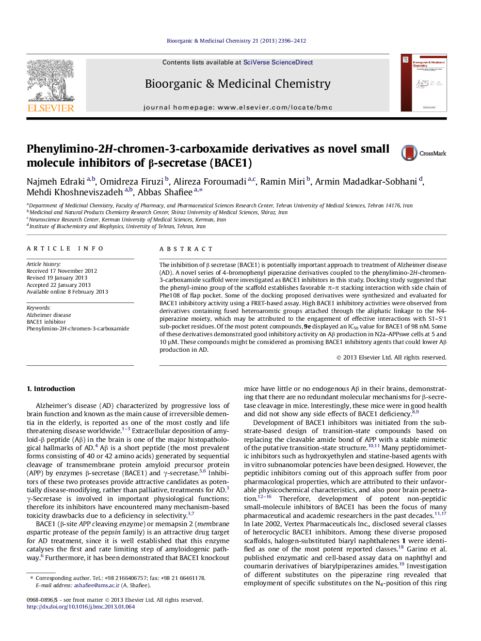 Phenylimino-2H-chromen-3-carboxamide derivatives as novel small molecule inhibitors of β-secretase (BACE1)