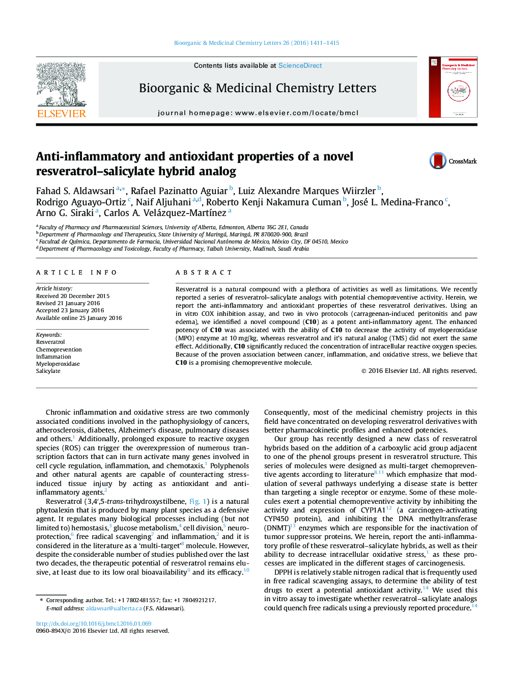 خواص ضد التهابی و آنتی اکسیدانی یک آنالوگ ترکیبی رسکوراترولا سالیسیلات جدید 