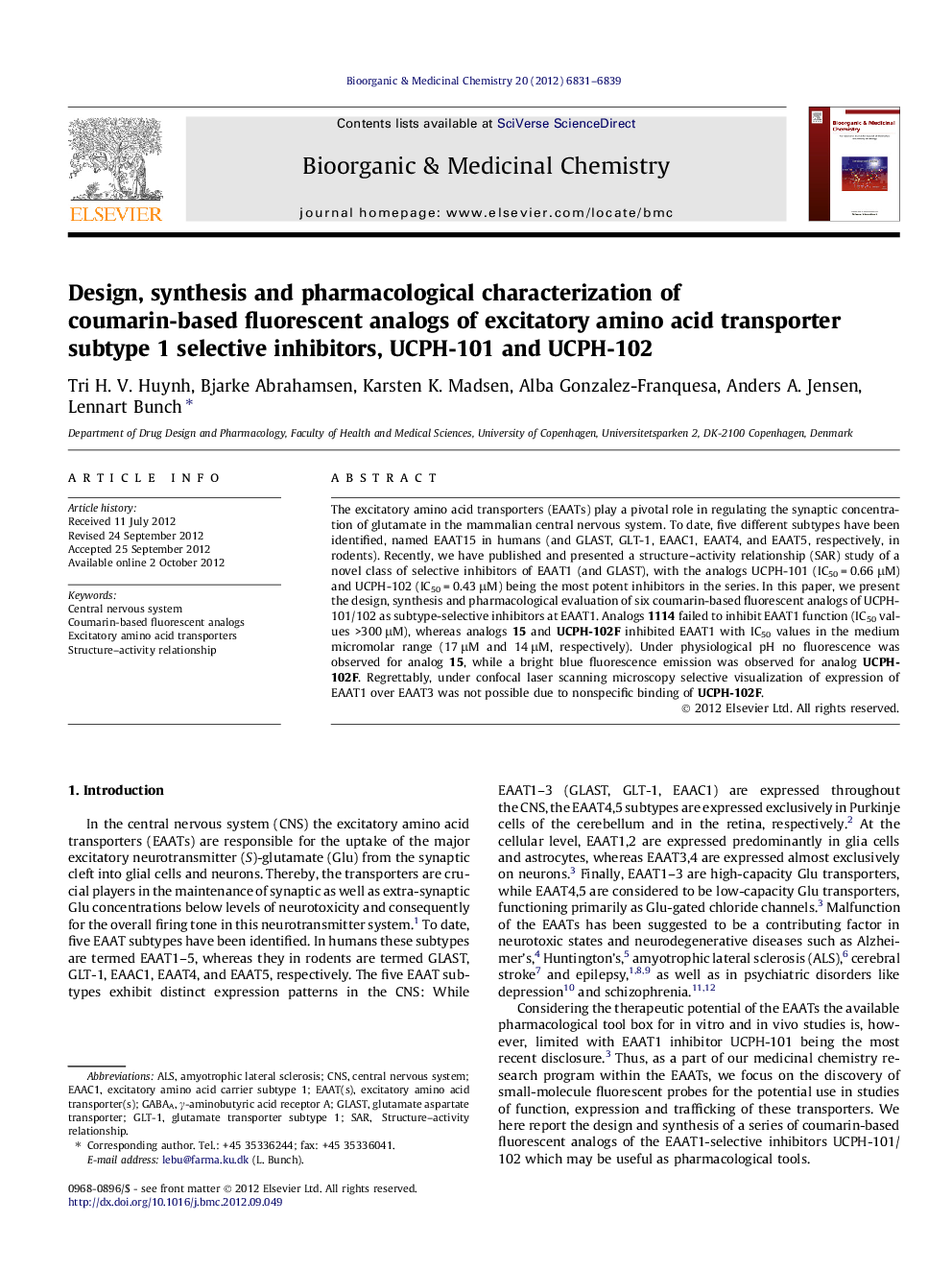 Design, synthesis and pharmacological characterization of coumarin-based fluorescent analogs of excitatory amino acid transporter subtype 1 selective inhibitors, UCPH-101 and UCPH-102