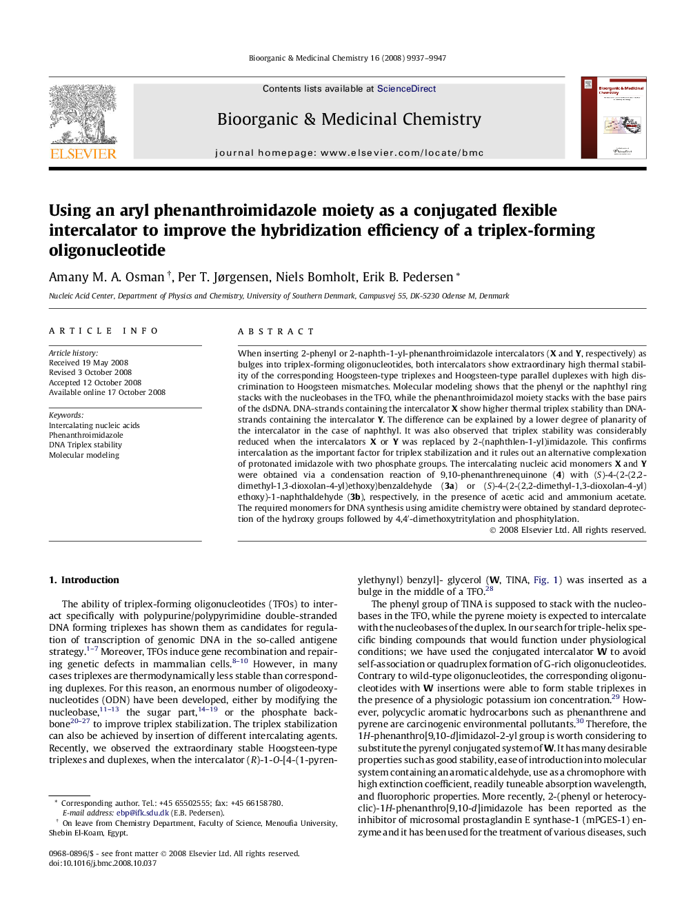 Using an aryl phenanthroimidazole moiety as a conjugated flexible intercalator to improve the hybridization efficiency of a triplex-forming oligonucleotide