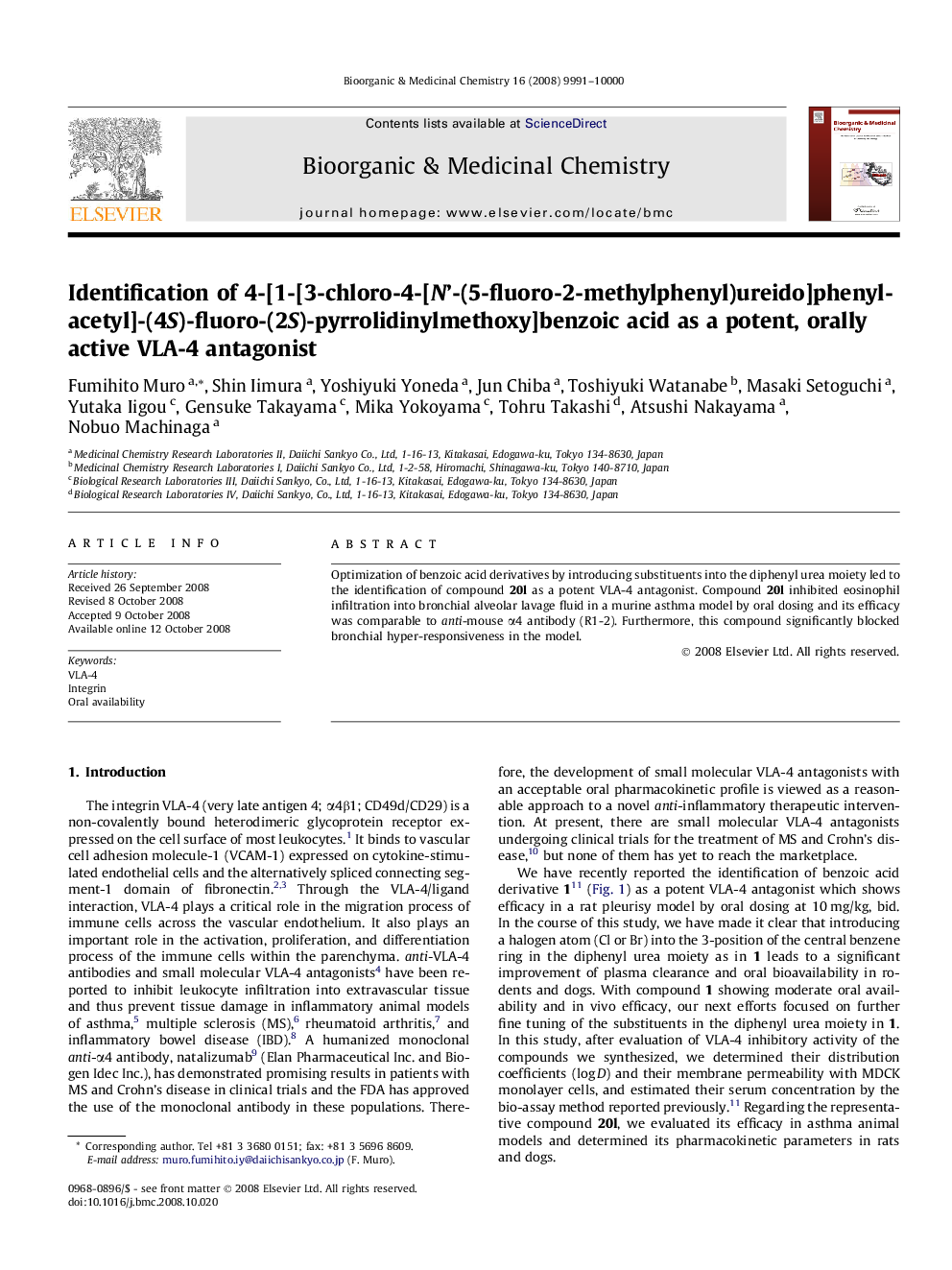 Identification of 4-[1-[3-chloro-4-[N’-(5-fluoro-2-methylphenyl)ureido]phenylacetyl]-(4S)-fluoro-(2S)-pyrrolidinylmethoxy]benzoic acid as a potent, orally active VLA-4 antagonist