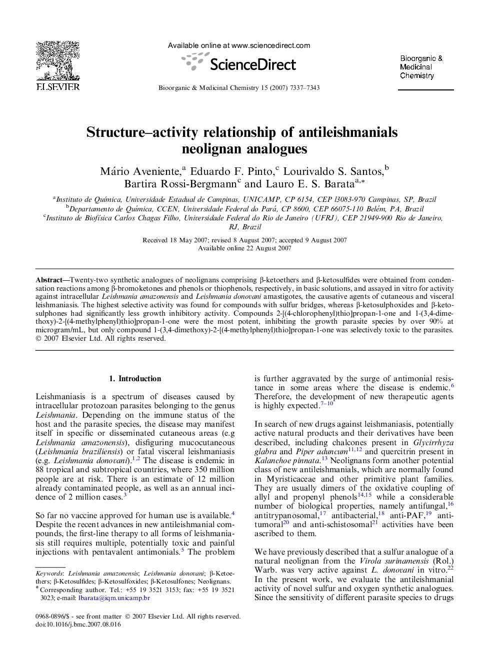 Structure-activity relationship of antileishmanials neolignan analogues