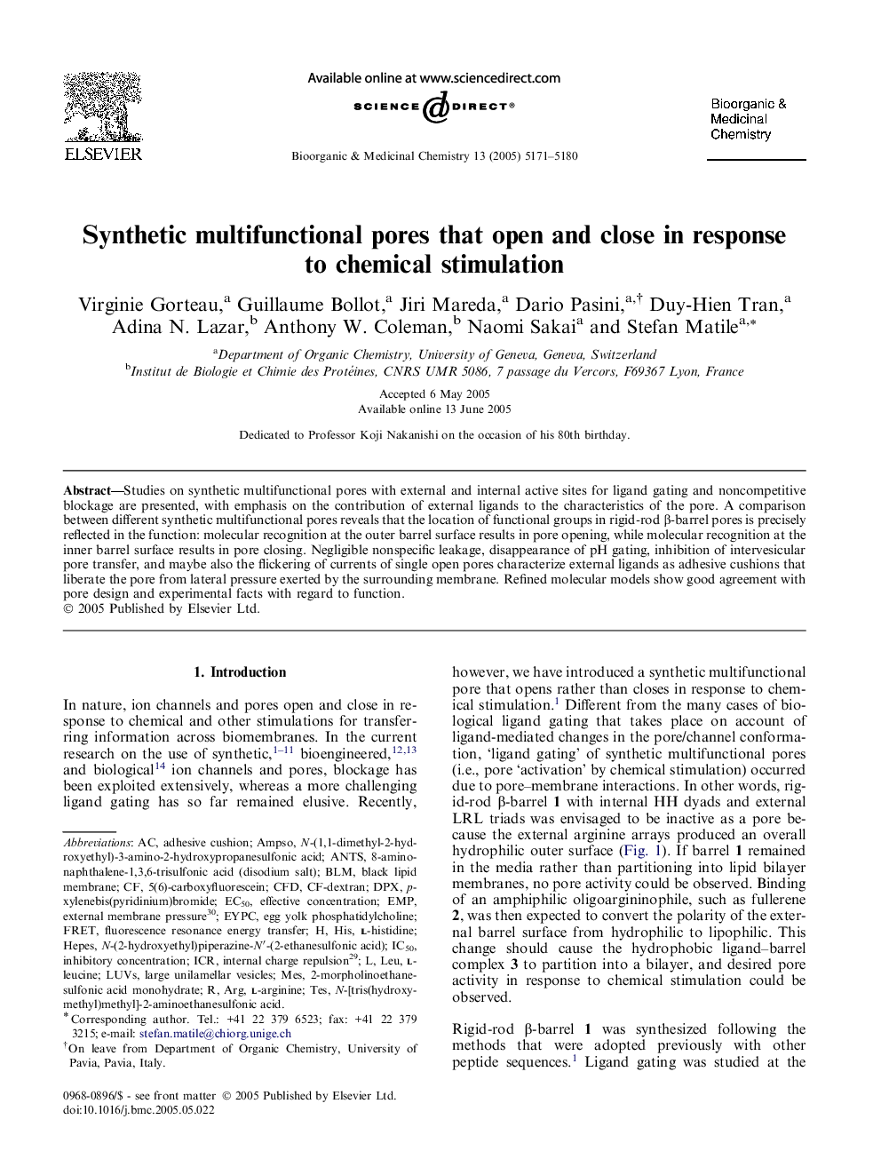 Synthetic multifunctional pores that open and close in response to chemical stimulation