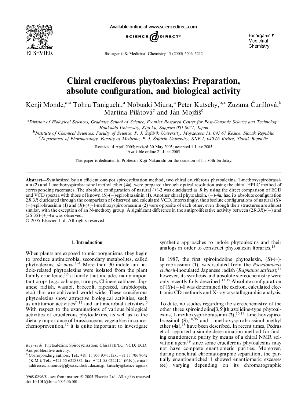 Chiral cruciferous phytoalexins: Preparation, absolute configuration, and biological activity