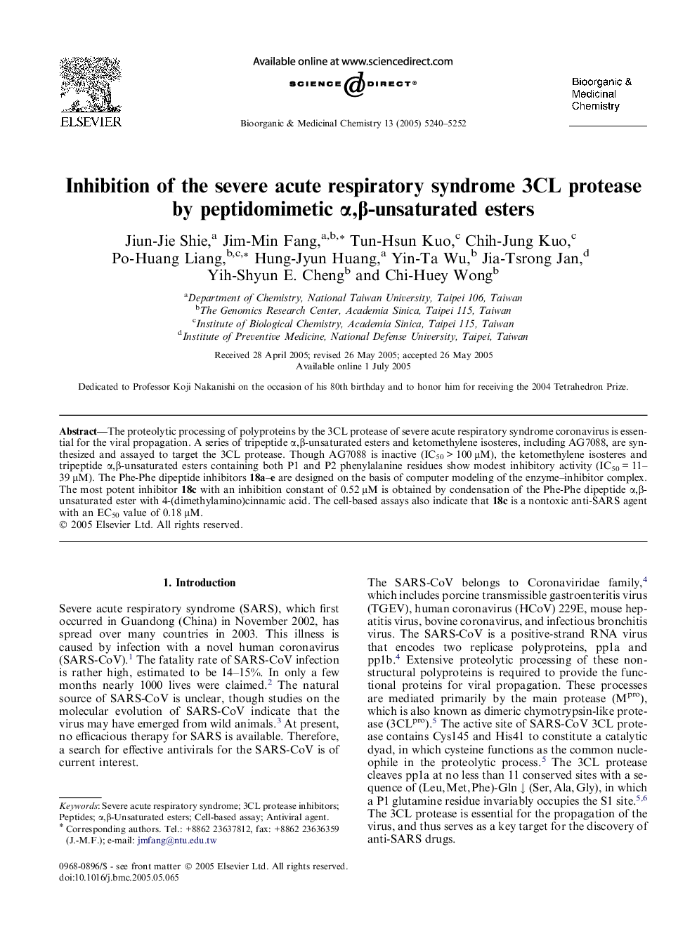 Inhibition of the severe acute respiratory syndrome 3CL protease by peptidomimetic α,β-unsaturated esters