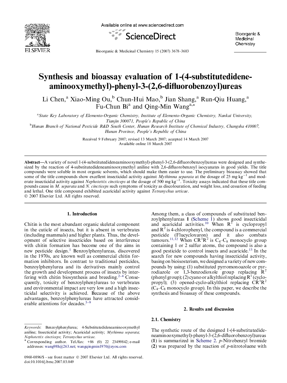 Synthesis and bioassay evaluation of 1-(4-substitutedideneaminooxymethyl)-phenyl-3-(2,6-difluorobenzoyl)ureas