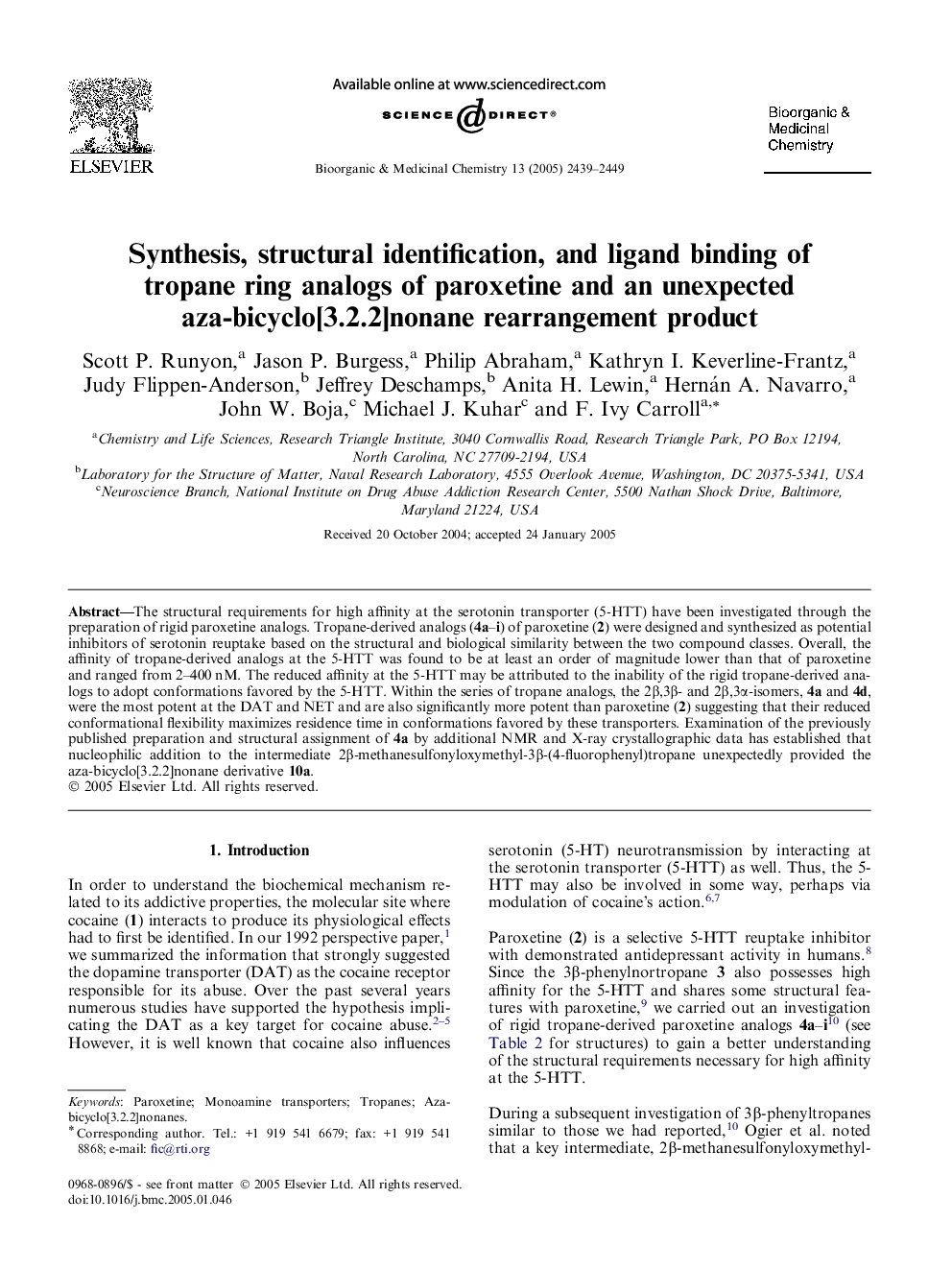 Synthesis, structural identification, and ligand binding of tropane ring analogs of paroxetine and an unexpected aza-bicyclo[3.2.2]nonane rearrangement product