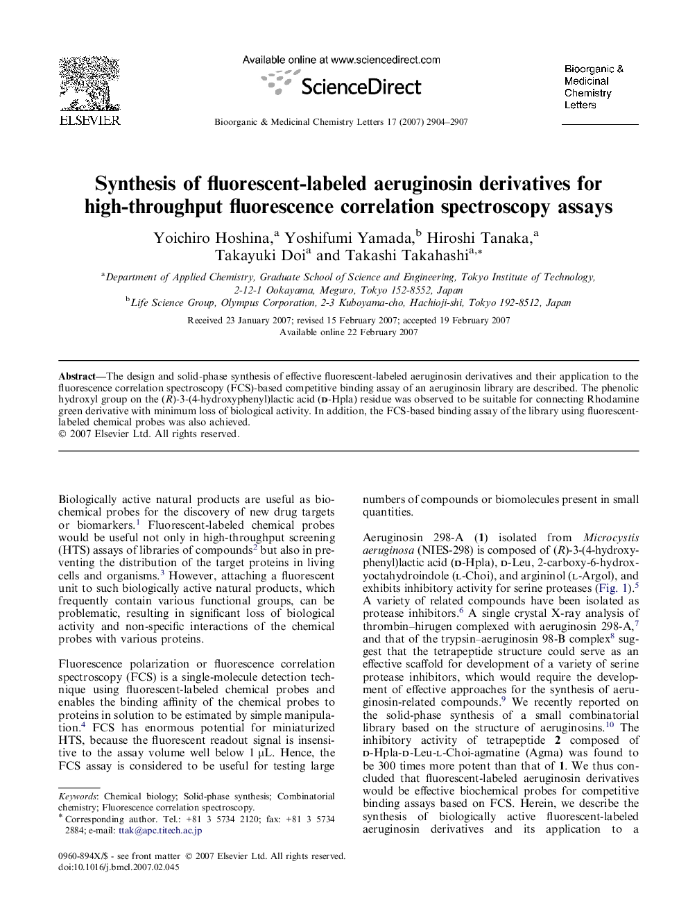 Synthesis of fluorescent-labeled aeruginosin derivatives for high-throughput fluorescence correlation spectroscopy assays