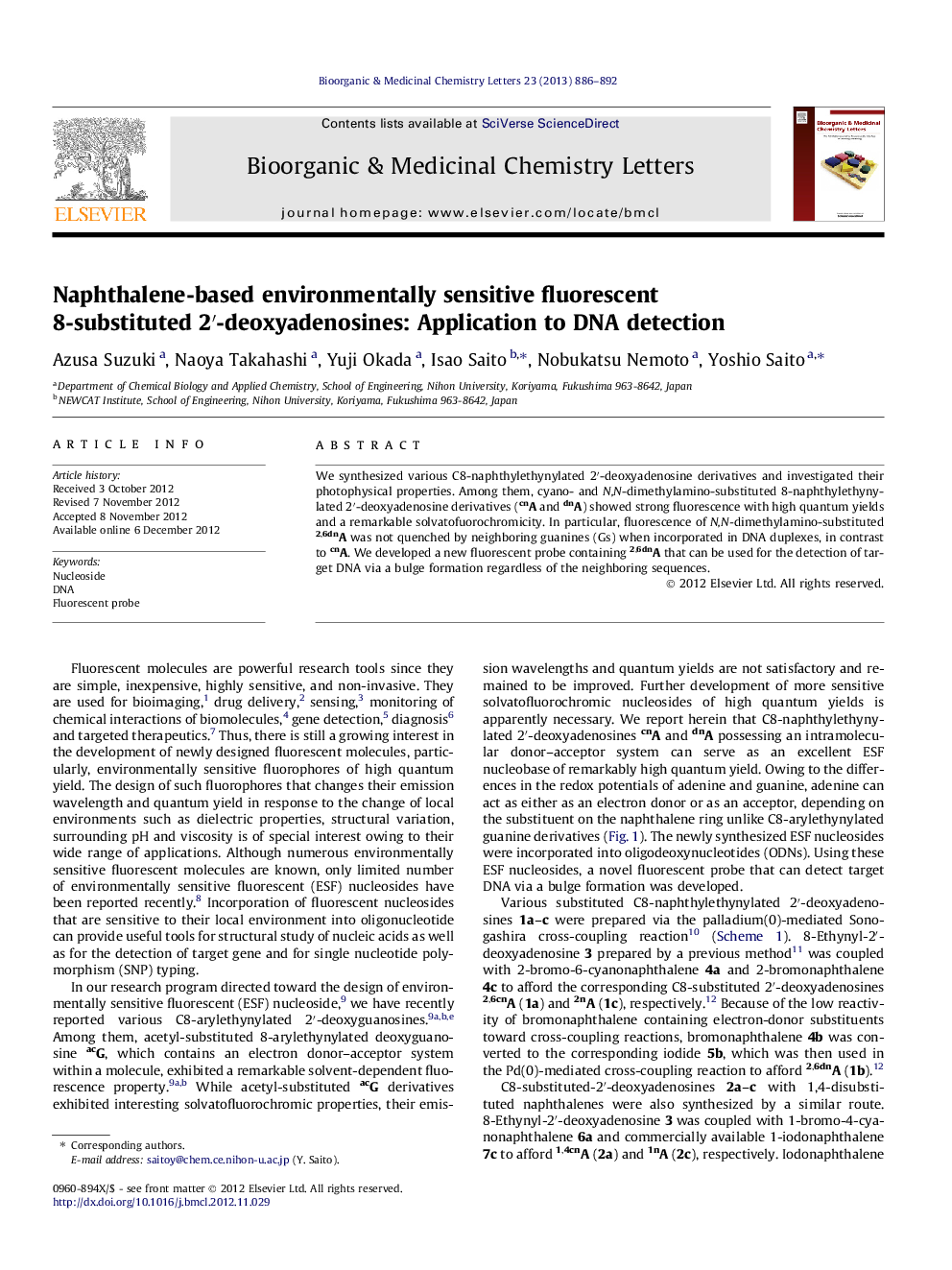 Naphthalene-based environmentally sensitive fluorescent 8-substituted 2′-deoxyadenosines: Application to DNA detection