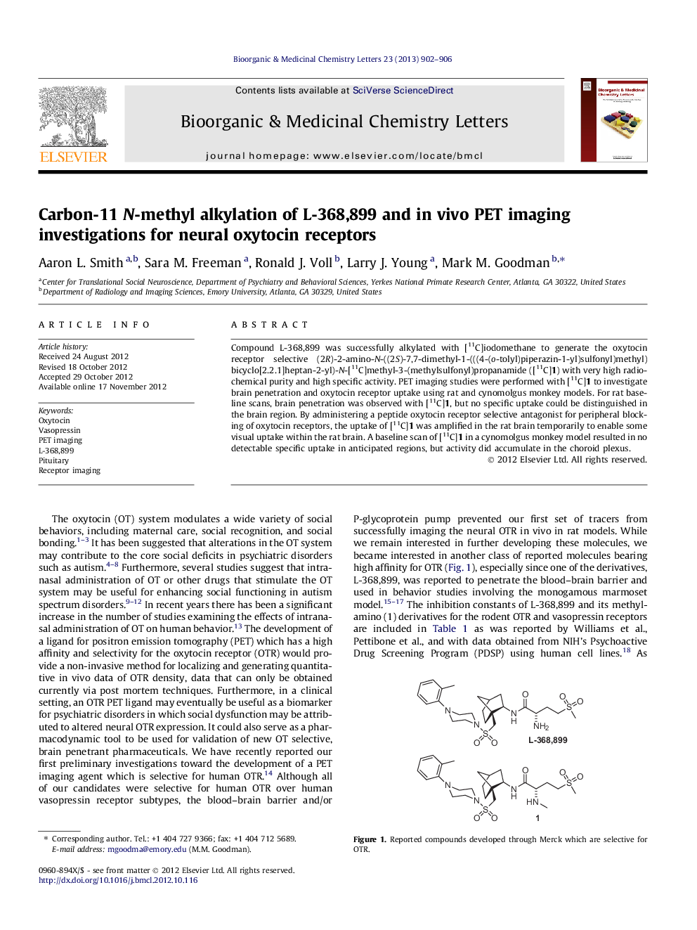 Carbon-11 N-methyl alkylation of L-368,899 and in vivo PET imaging investigations for neural oxytocin receptors