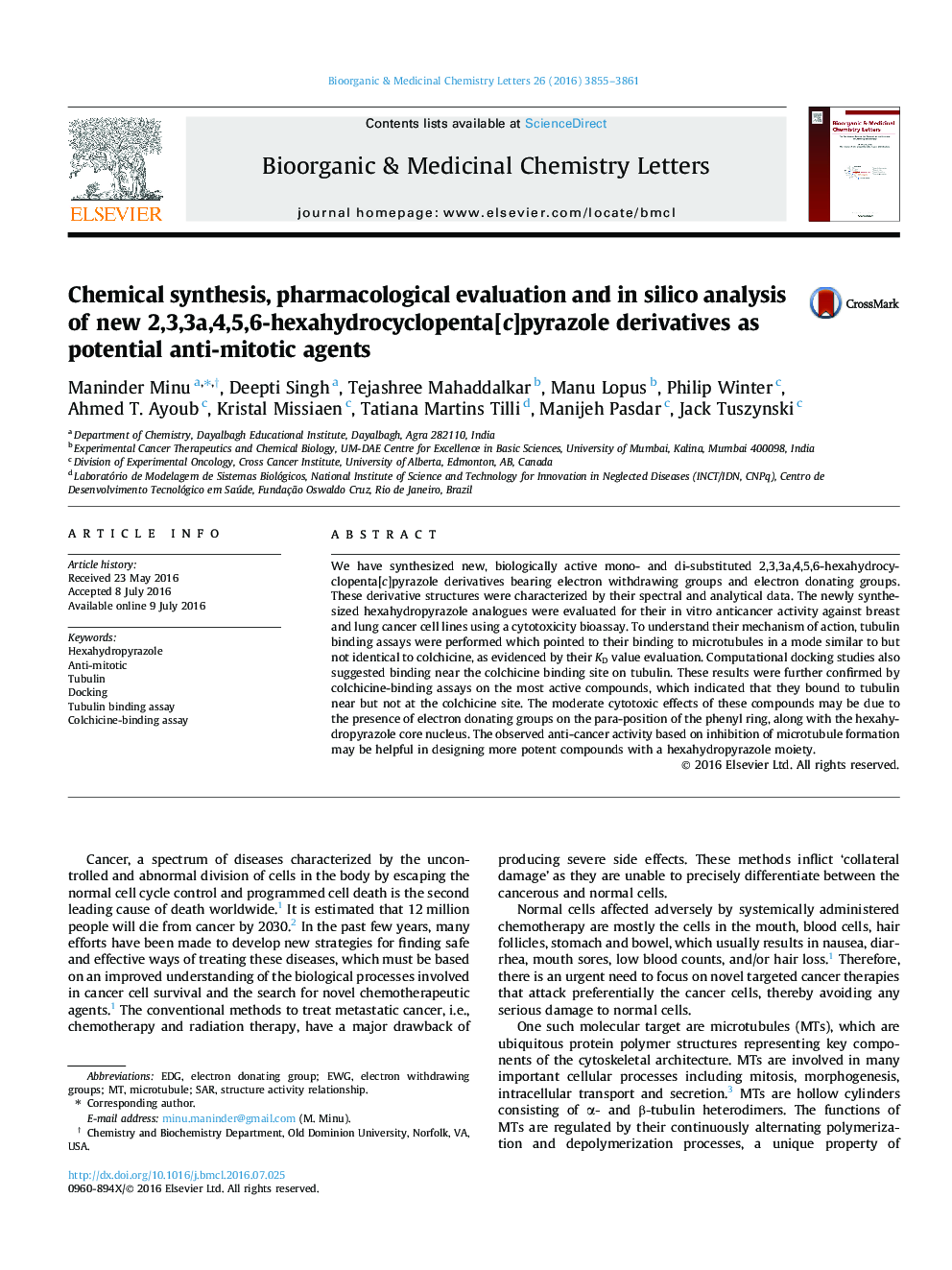 Chemical synthesis, pharmacological evaluation and in silico analysis of new 2,3,3a,4,5,6-hexahydrocyclopenta[c]pyrazole derivatives as potential anti-mitotic agents