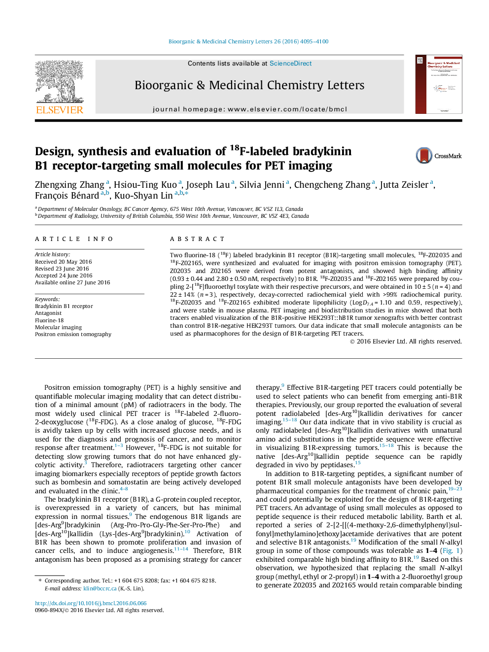 Design, synthesis and evaluation of 18F-labeled bradykinin B1 receptor-targeting small molecules for PET imaging