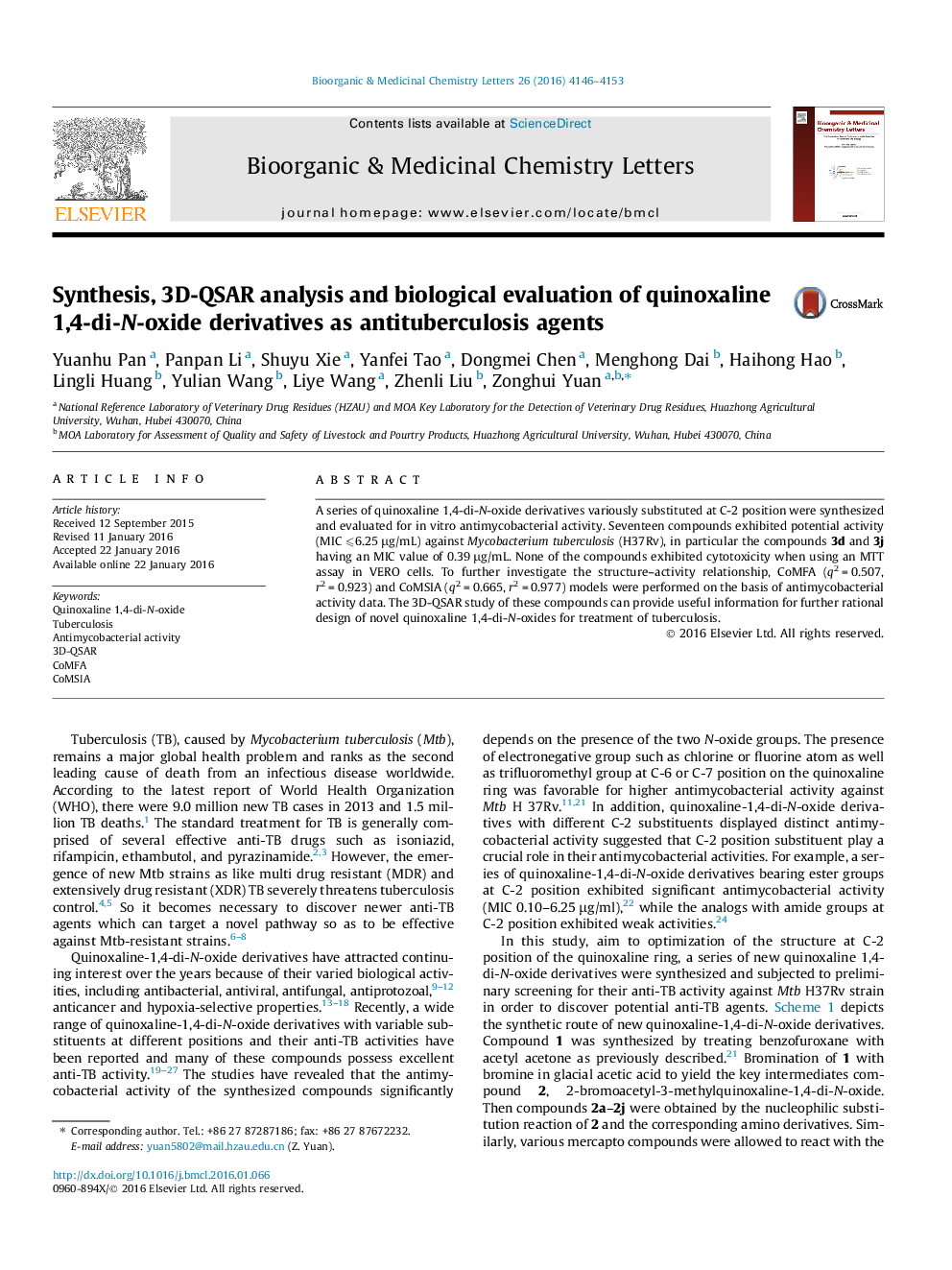 Synthesis, 3D-QSAR analysis and biological evaluation of quinoxaline 1,4-di-N-oxide derivatives as antituberculosis agents