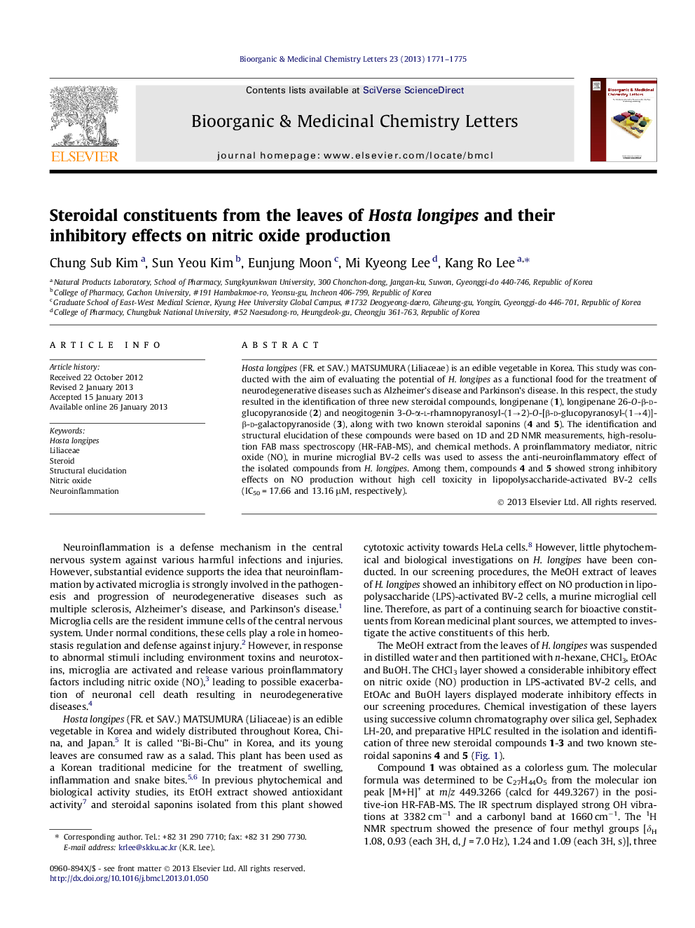 Steroidal constituents from the leaves of Hosta longipes and their inhibitory effects on nitric oxide production