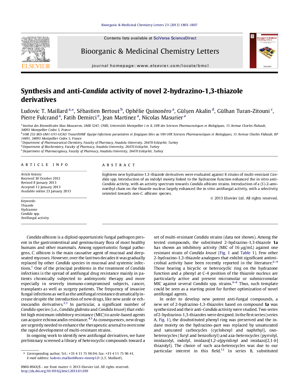 Synthesis and anti-Candida activity of novel 2-hydrazino-1,3-thiazole derivatives