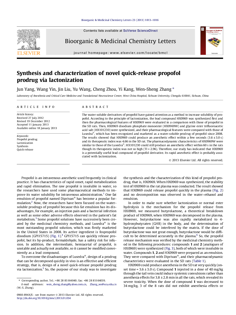 Synthesis and characterization of novel quick-release propofol prodrug via lactonization