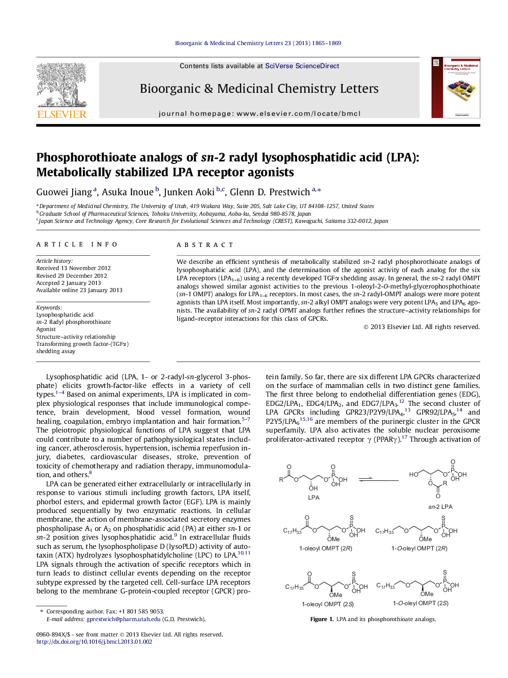Phosphorothioate analogs of sn-2 radyl lysophosphatidic acid (LPA): Metabolically stabilized LPA receptor agonists