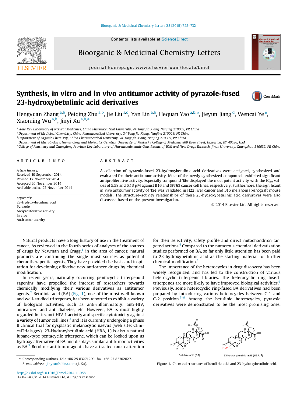 Synthesis, in vitro and in vivo antitumor activity of pyrazole-fused 23-hydroxybetulinic acid derivatives