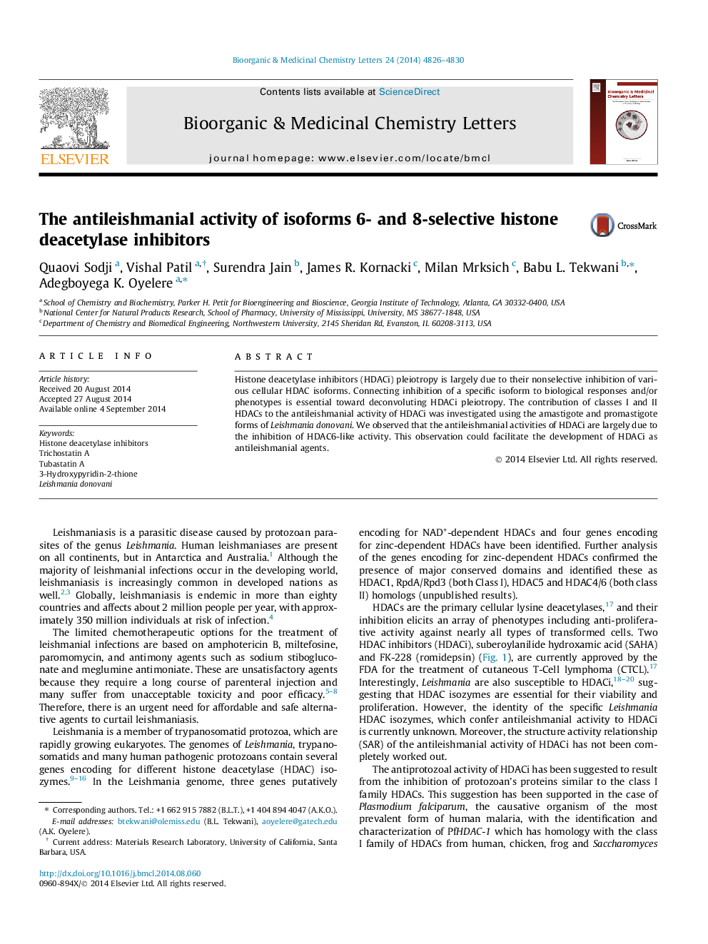 The antileishmanial activity of isoforms 6- and 8-selective histone deacetylase inhibitors