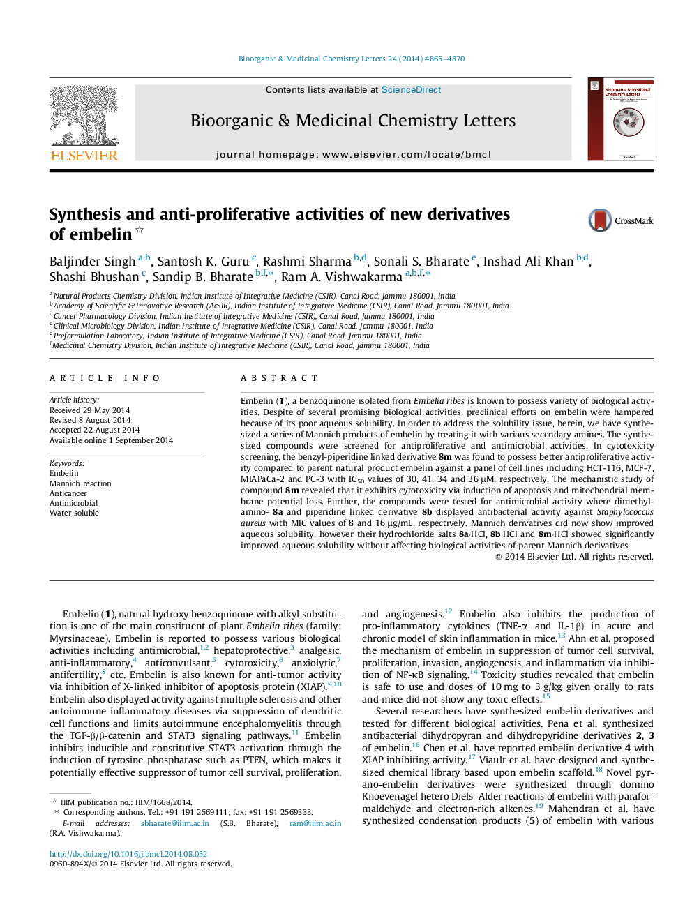 Synthesis and anti-proliferative activities of new derivatives of embelin 