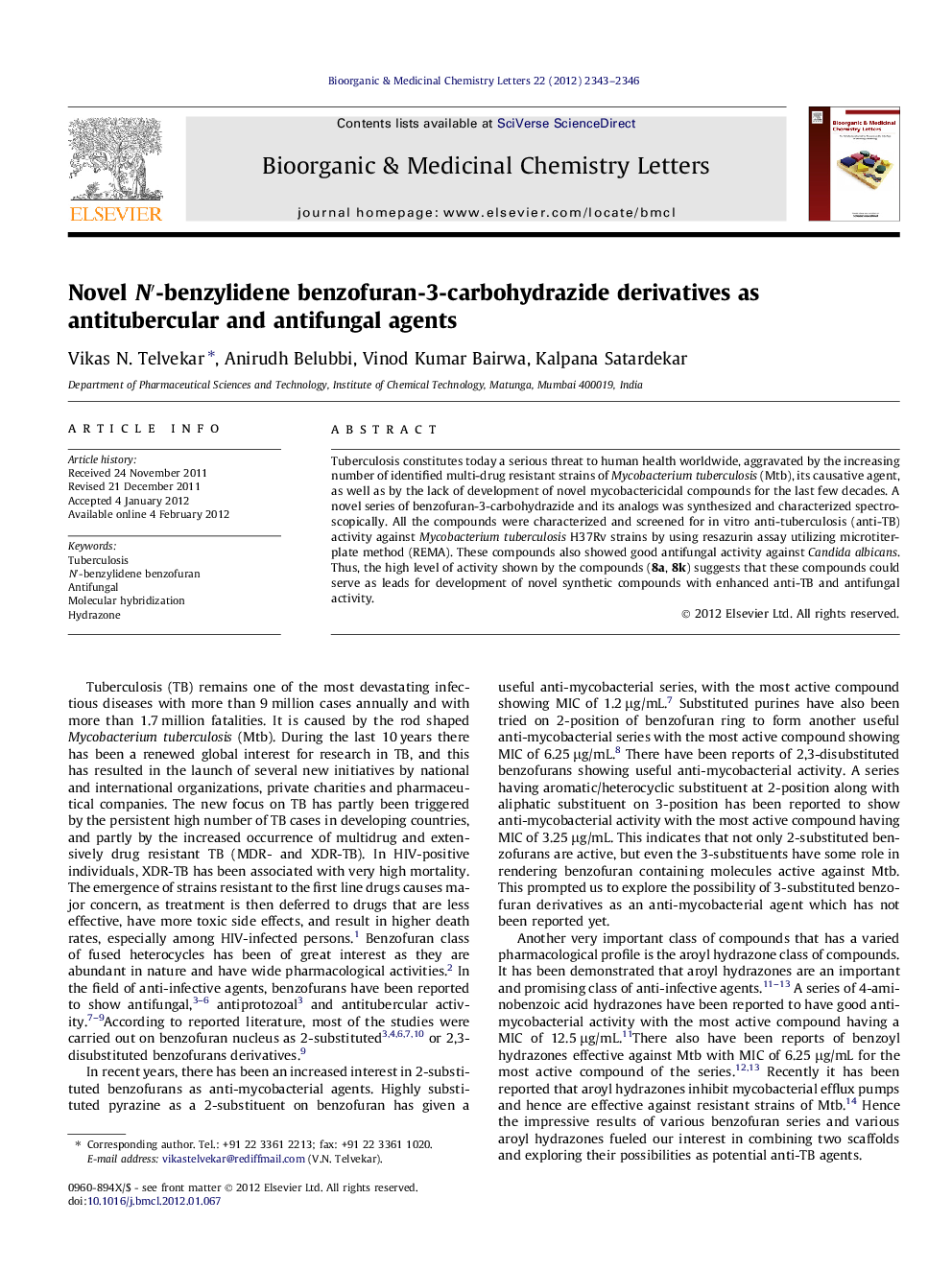Novel N′-benzylidene benzofuran-3-carbohydrazide derivatives as antitubercular and antifungal agents