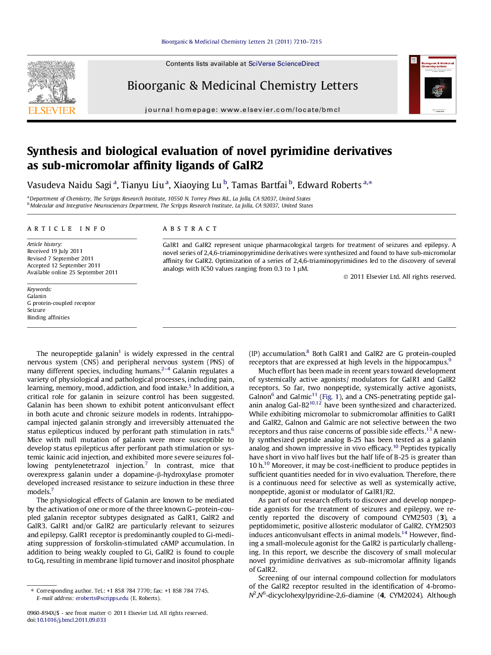 Synthesis and biological evaluation of novel pyrimidine derivatives as sub-micromolar affinity ligands of GalR2