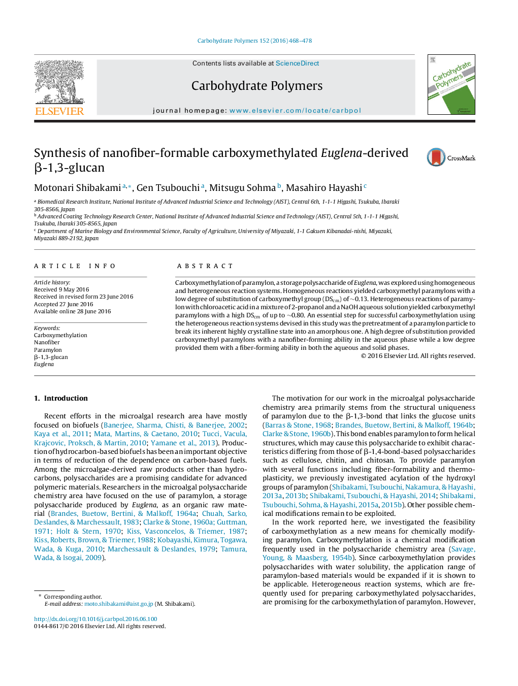 Synthesis of nanofiber-formable carboxymethylated Euglena-derived β-1,3-glucan